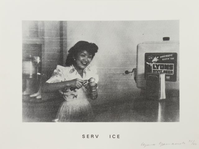 Grainy black-and-white image of a smiling woman scooping ice cream, captioned "SERV ICE," with retro aesthetics and subtle social commentary.