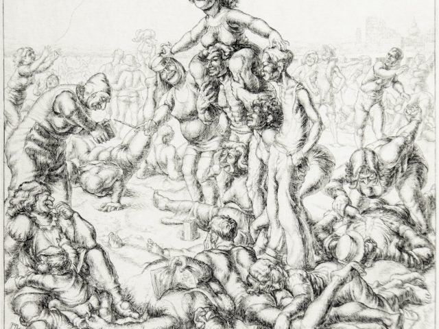 A contrasty black and white etching of a busy beach scene.