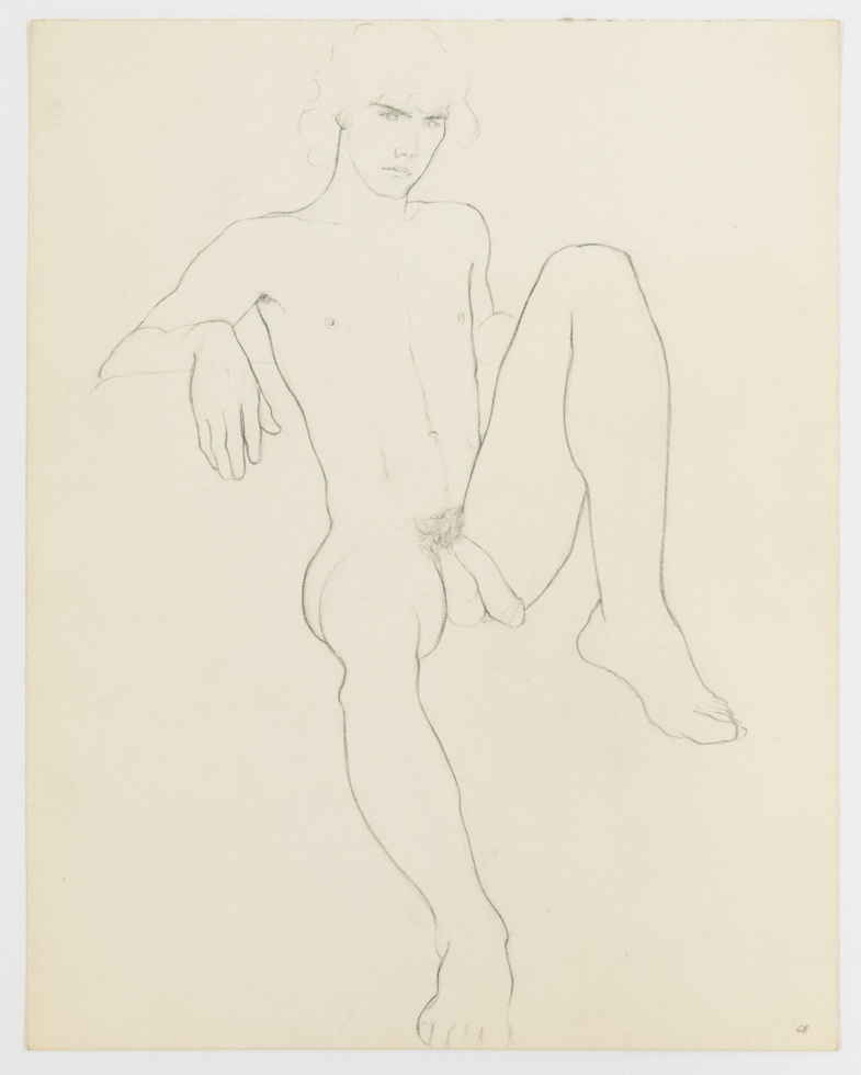 A minimal pencil drawing of a nude male figure reclining with one leg bent and the other extended, rendered with delicate contour lines.