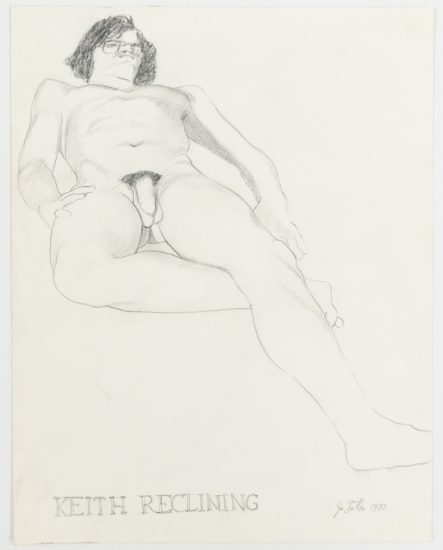 A pencil drawing of a nude man relaxing.