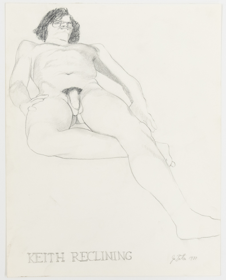 A pencil drawing of a nude man relaxing.