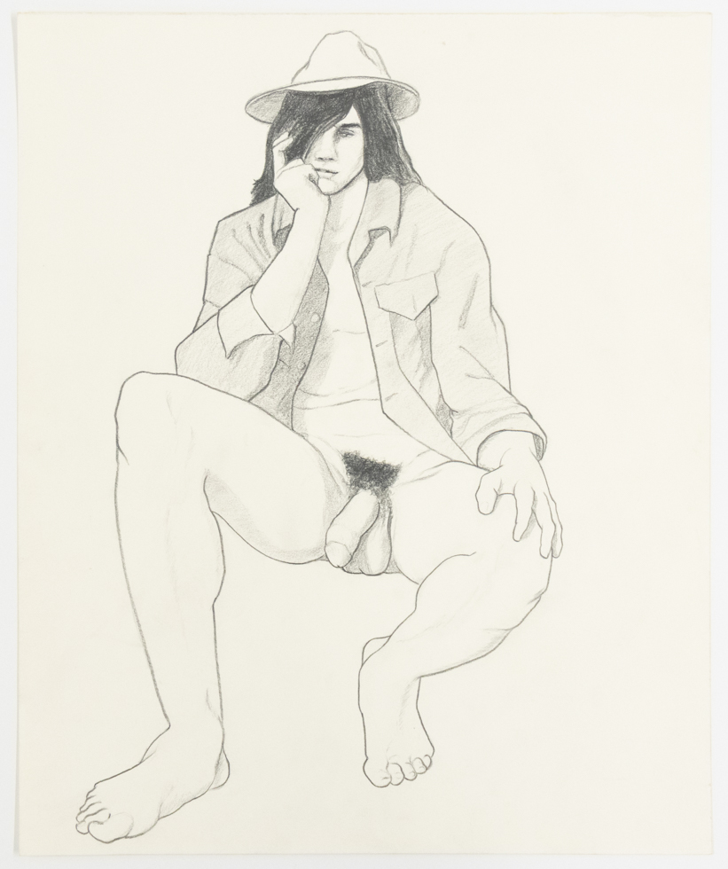 A pencil drawing of a nude man wearing a cowboy hat and an unbuttoned dress shirt.