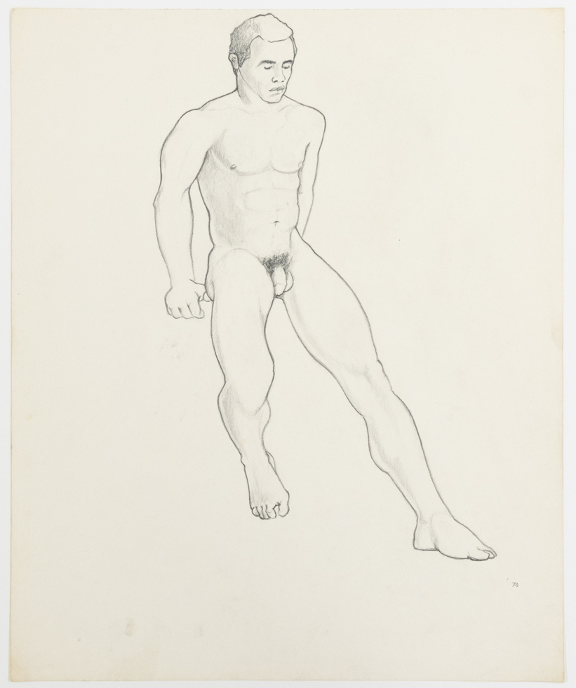 Pencil sketch of a nude male figure standing.