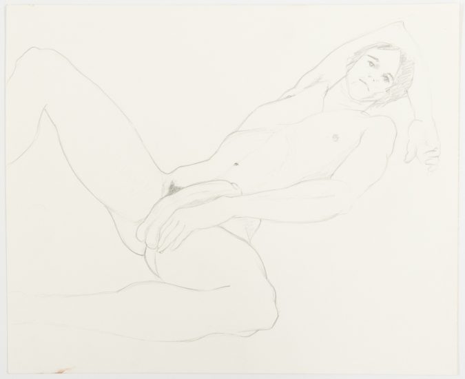 A pencil drawing of a nude man reclining with one hand on his genitals and the other at his head.