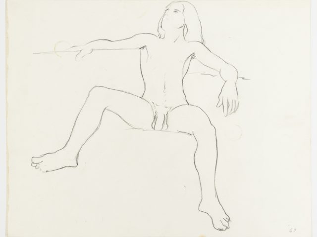 A drawing of a seated nude male figure.