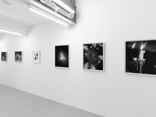 An installation view in a bright, white-walled contemporary art gallery.