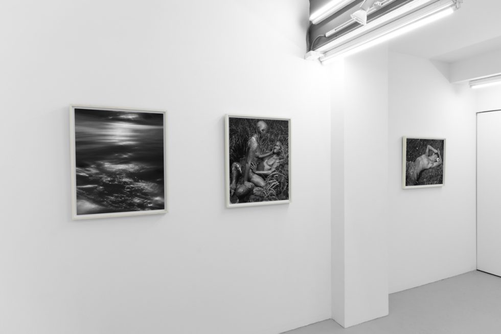An installation view in a bright, white-walled contemporary art gallery.