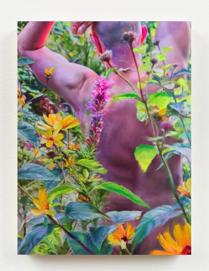 A shirtless figure seen from behind stands among vibrant wildflowers and lush greenery in a colorful, painterly style.