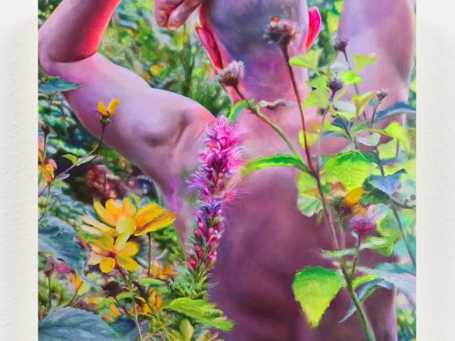 A shirtless figure seen from behind stands among vibrant wildflowers and lush greenery in a colorful, painterly style.