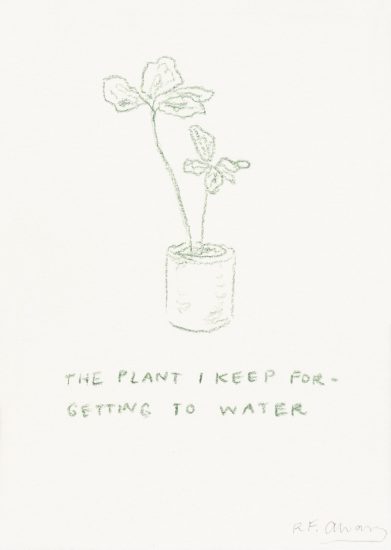 Click for sizes / editions / prices. A simple line drawing of a wilting potted plant with the handwritten caption "THE PLANT I KEEP FORGETTING TO WATER."