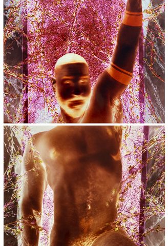 A colorful triptych of a nude man.