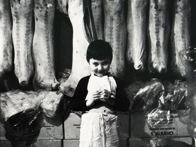 A young boy in a white apron stands smiling in front of hanging sides of meat in a butcher shop. Cardboard boxes labeled "Product of Italy" and "S. Albano" are stacked behind him, and the tiled floor adds to the utilitarian setting.