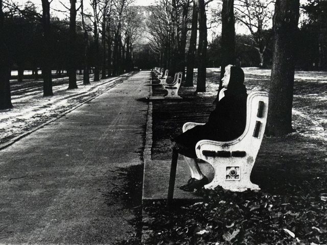 An old woman in dark clothing sits on a white park bench along a paved walkway lined with bare trees. Several empty benches recede into the distance along the walkway.
