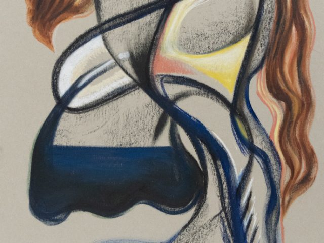 Abstract figure with flowing red hair rendered in curving, overlapping lines and bold colors on a neutral background.