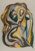Abstract pastel drawing with looping ribbon-like forms in black, green, yellow, and brown on a neutral background.