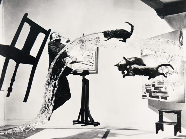 A man with a paintbrush in his mouth leans back as water, cats, and a chair fly across a studio filled with paintings.