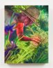 A colorful painting of a man in a hat in a garden.