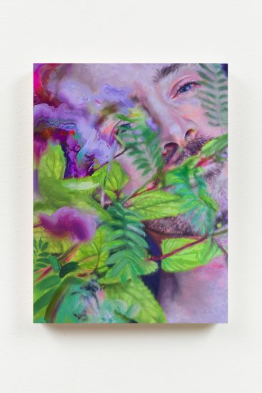 A dreamy painting of a man's face partially obscured by vibrant green foliage and purple flowers, blending realism with surreal textures.