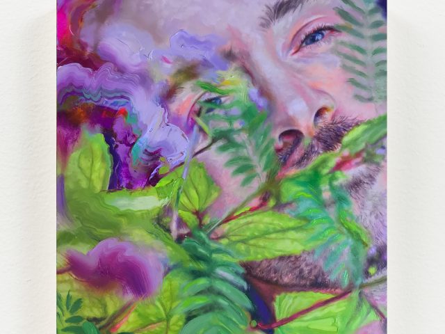 A dreamy painting of a man's face partially obscured by vibrant green foliage and purple flowers, blending realism with surreal textures.