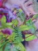 A dreamy painting of a man's face partially obscured by vibrant green foliage and purple flowers, blending realism with surreal textures.