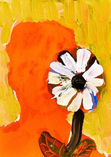 A bold white flower with a black center stands against a vivid orange background framed by expressive yellow-green brushstrokes.
