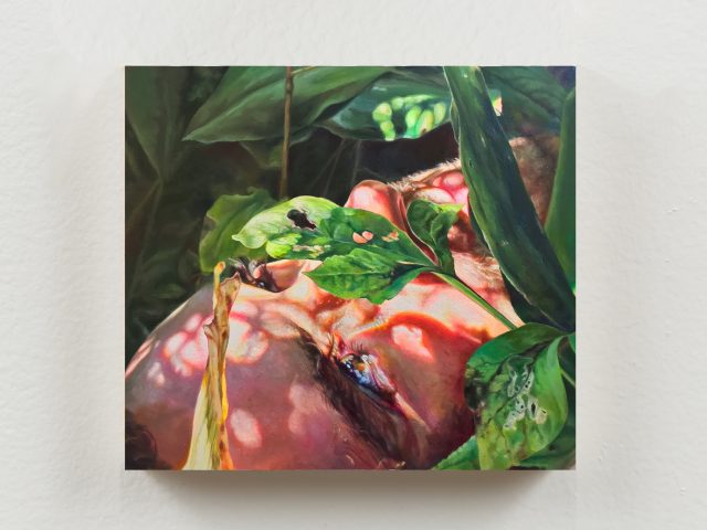 A close-up painting of a face lying among lush green leaves, dappled with warm sunlight and shadows.