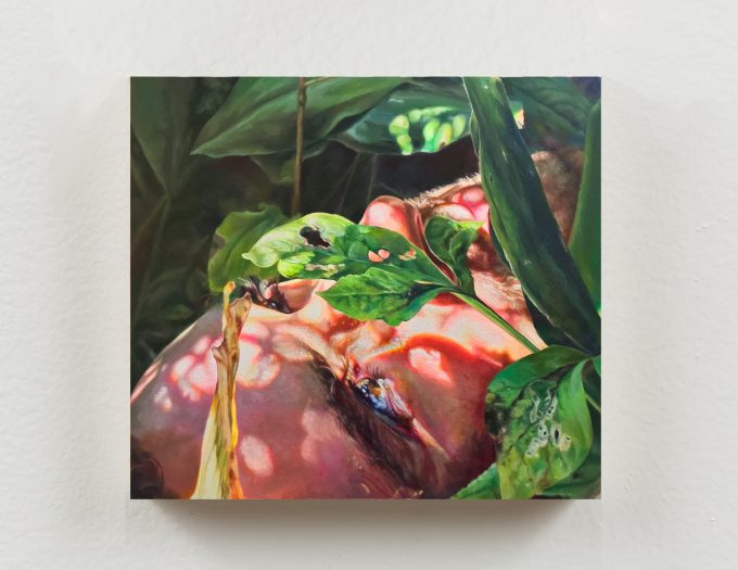 A close-up painting of a face lying among lush green leaves, dappled with warm sunlight and shadows.