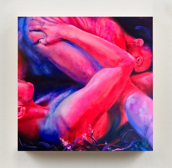 A dark painting in pinks and purples depicting two male figures having sex.