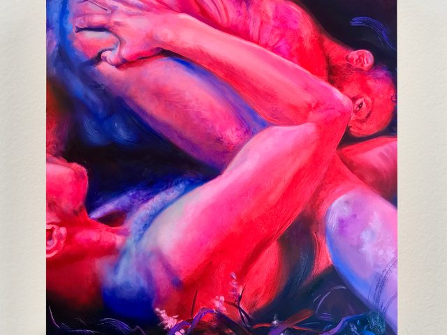 A dark painting in pinks and purples depicting two male figures having sex.