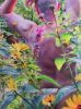 A painting of a man's back in a garden of flowers.