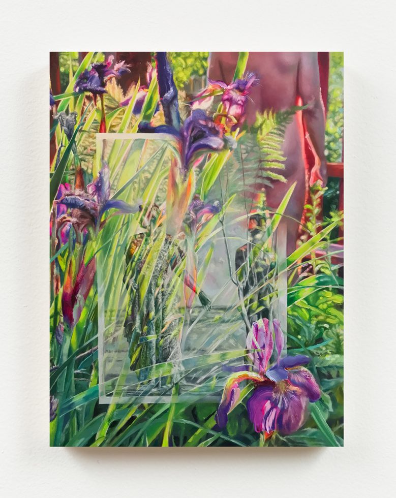 A painting of a male figure in a garden with an inlaid frame picturing a male and female couple.