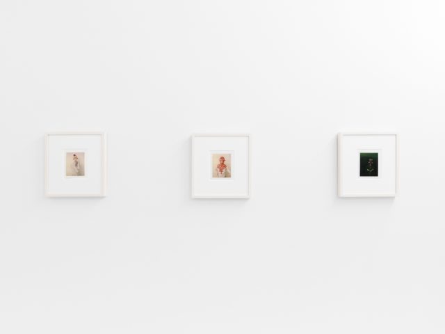 Small color photographs displayed on stark white gallery walls.
