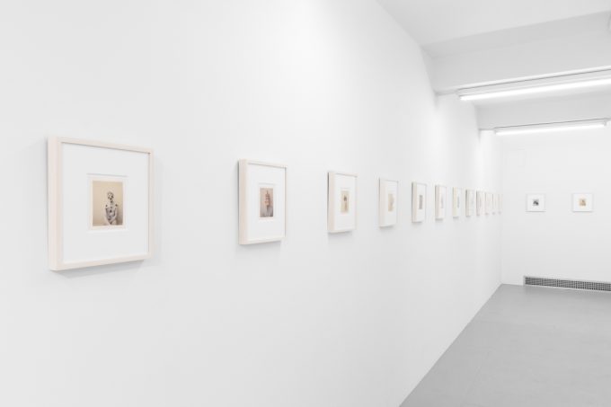 Small color photographs displayed on stark white gallery walls.