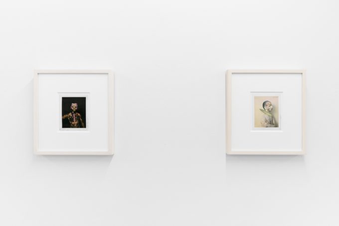 Small color photographs displayed on stark white gallery walls.