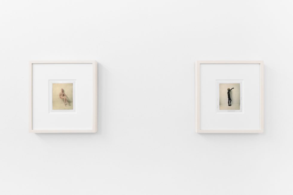 Small color photographs displayed on stark white gallery walls.