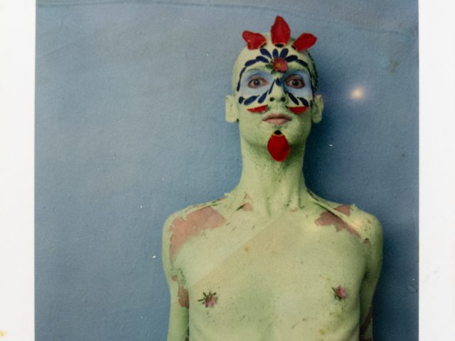 Person with green-painted body and flower-like face paint stands against a blue background with a neutral expression.
