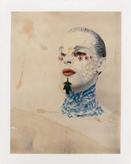 Person with white face paint and flower petals on face and neck poses against a neutral background.