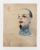Person with white face paint and flower petals on face and neck poses against a neutral background.