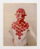 Pale figure against light background, face and chest veiled by pink and red petals in an organic mask, eyes and mouth visible.