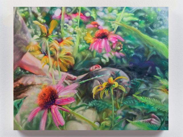 A painting of a man reclining in a garden of colorful flowers.