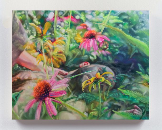 A painting of a man reclining in a garden of colorful flowers.