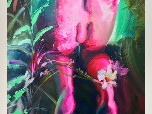 A painting of a male figure from behind on his knees in a garden.