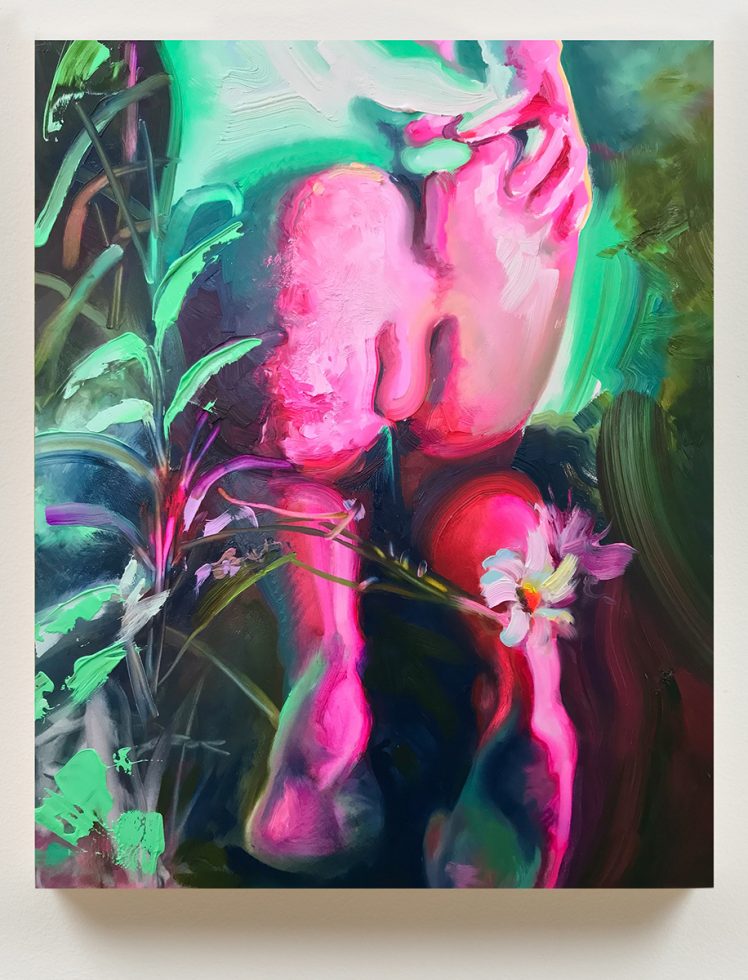 A painting of a male figure from behind on his knees in a garden.