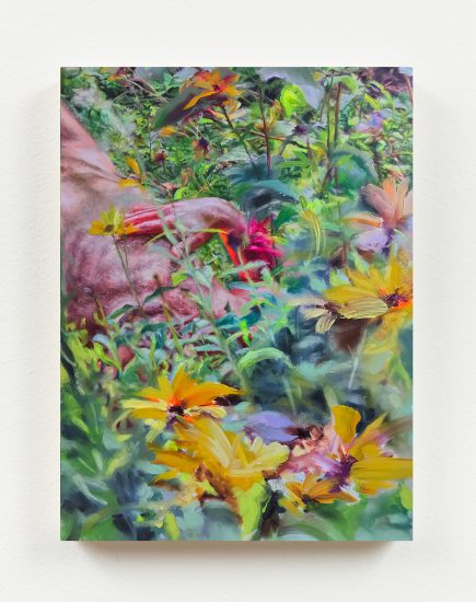 A painting with a partial view of a reclining figure in a garden.