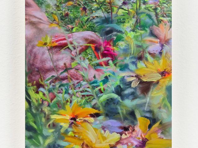 A painting with a partial view of a reclining figure in a garden.