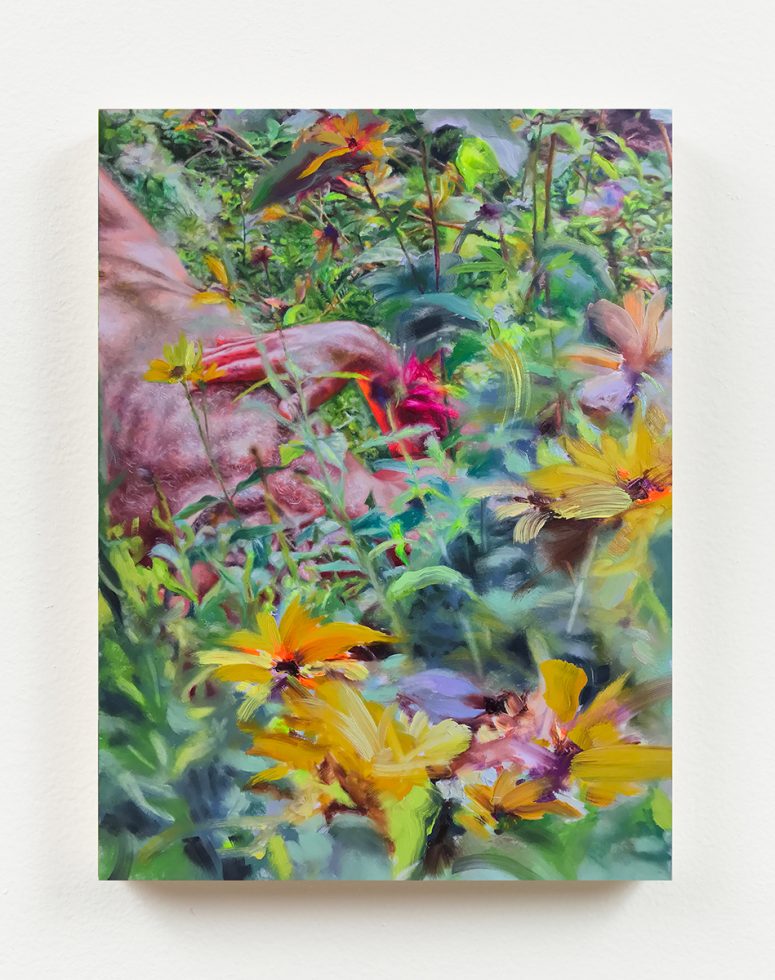 A painting with a partial view of a reclining figure in a garden.