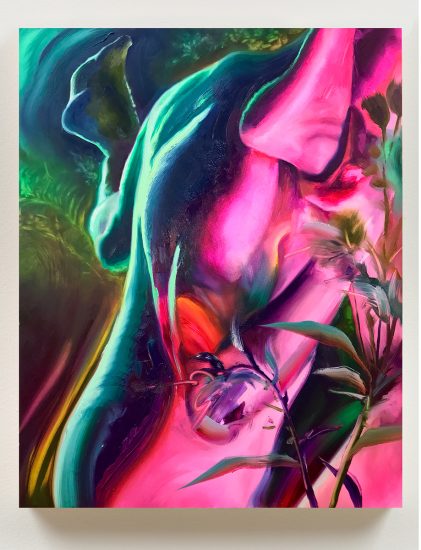 This is a dark, abstracted painting of two figures in a garden at night.