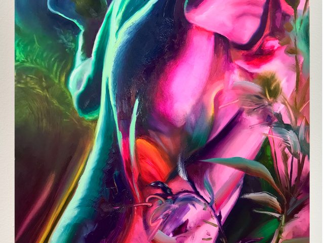 This is a dark, abstracted painting of two figures in a garden at night.