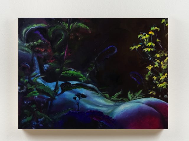 This is a dark painting of a figure face down in a garden at night.