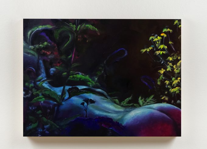 This is a dark painting of a figure face down in a garden at night.
